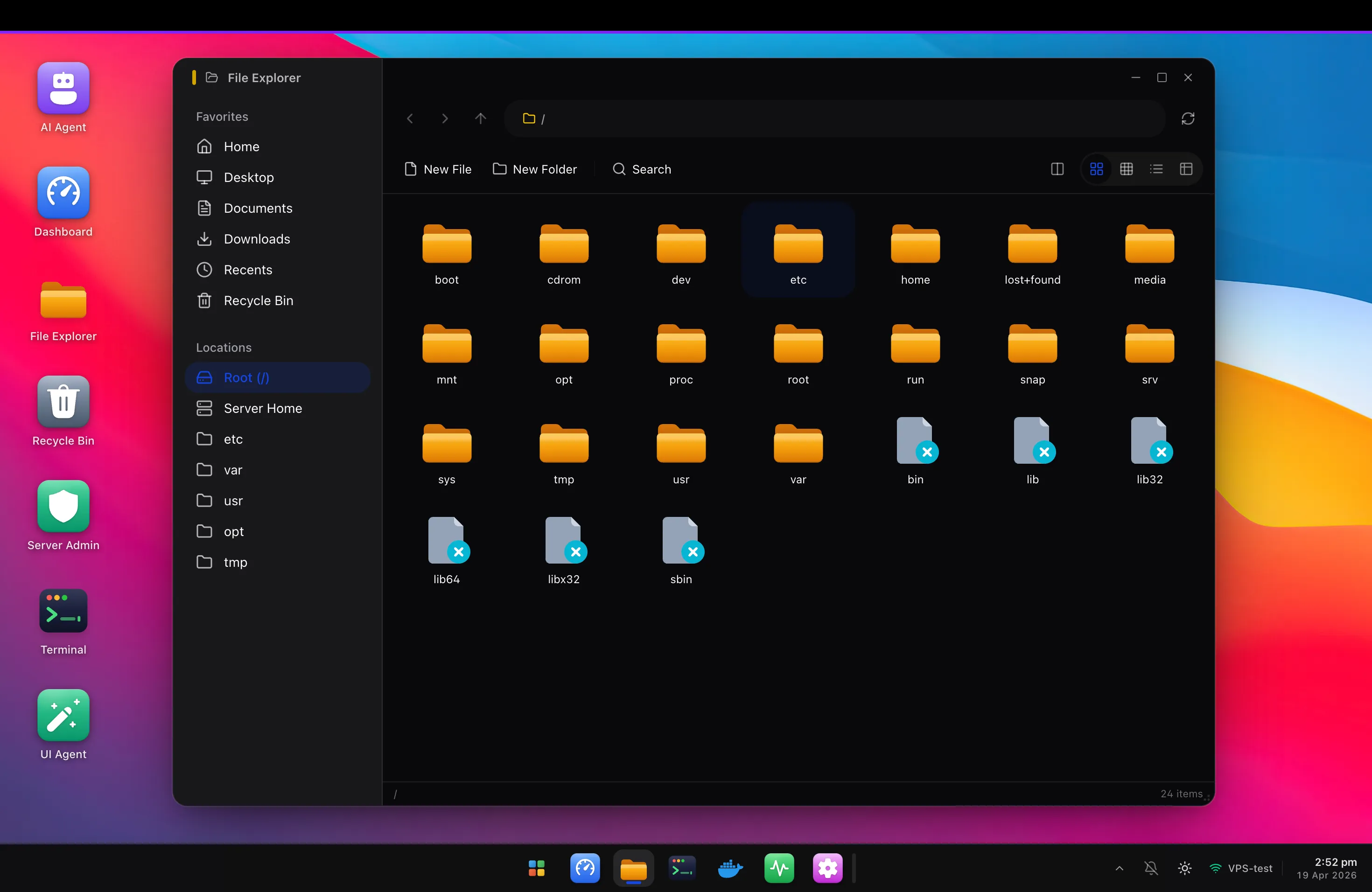 HeadlessOS File Explorer showing the root filesystem of a connected Linux server, with folders like boot, etc, home, opt, root, usr, var rendered as icons.