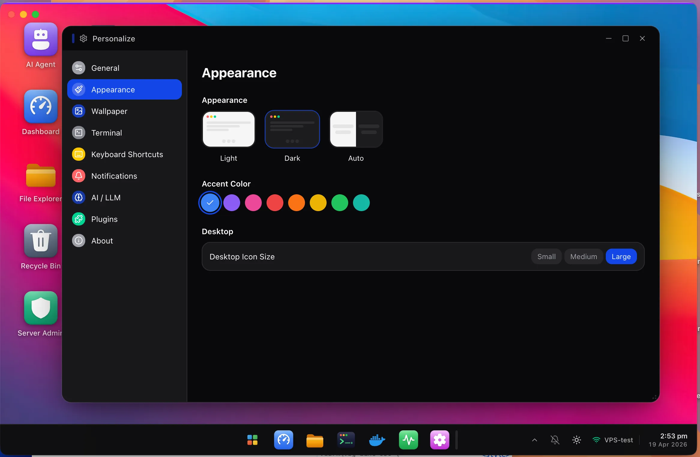 HeadlessOS Personalize window on the Appearance page with Light, Dark, Auto theme options and an accent color picker.