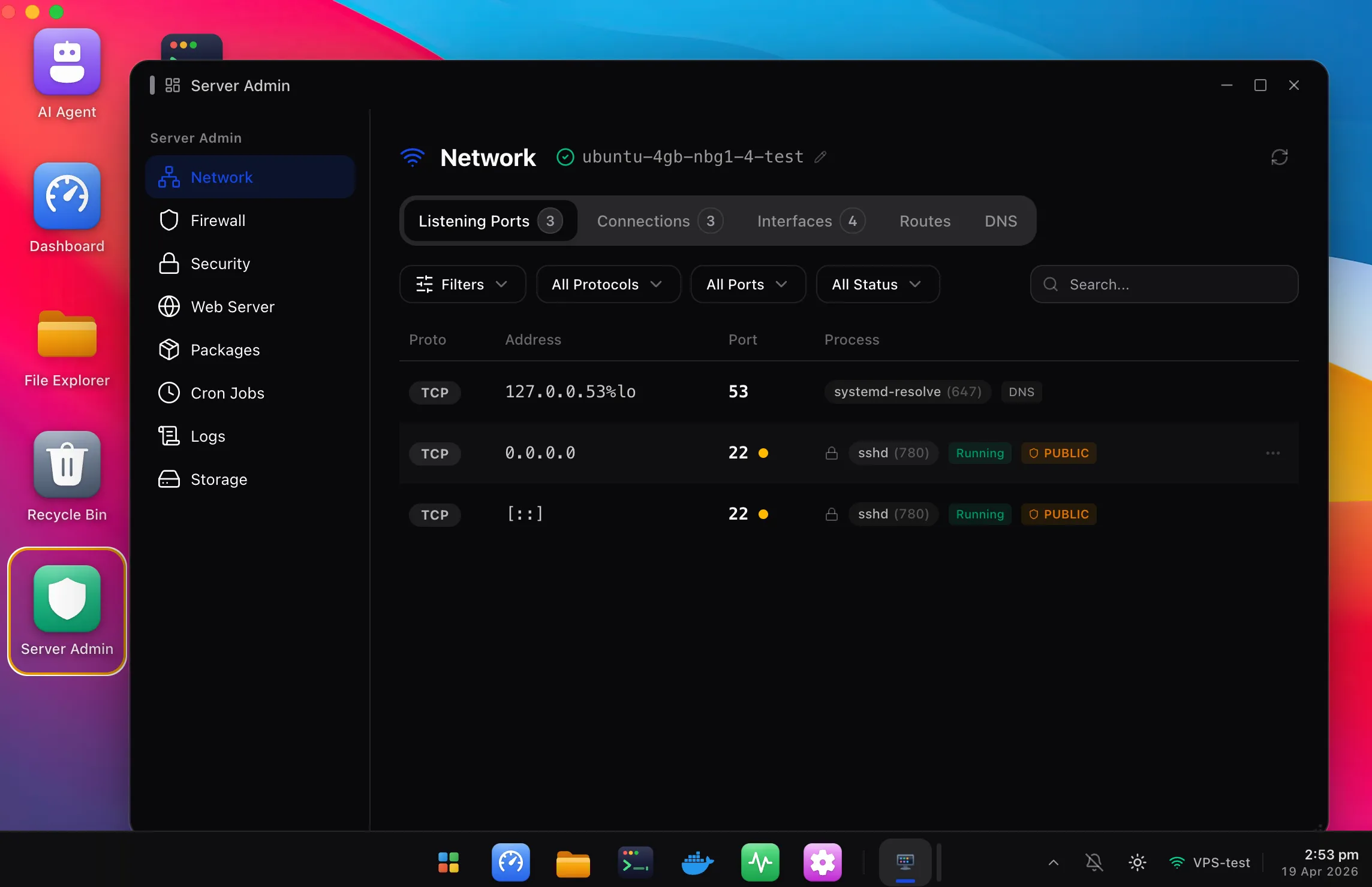 HeadlessOS Server Admin showing the Network section with listening ports 22 and 53, including sshd flagged as Running and Public.