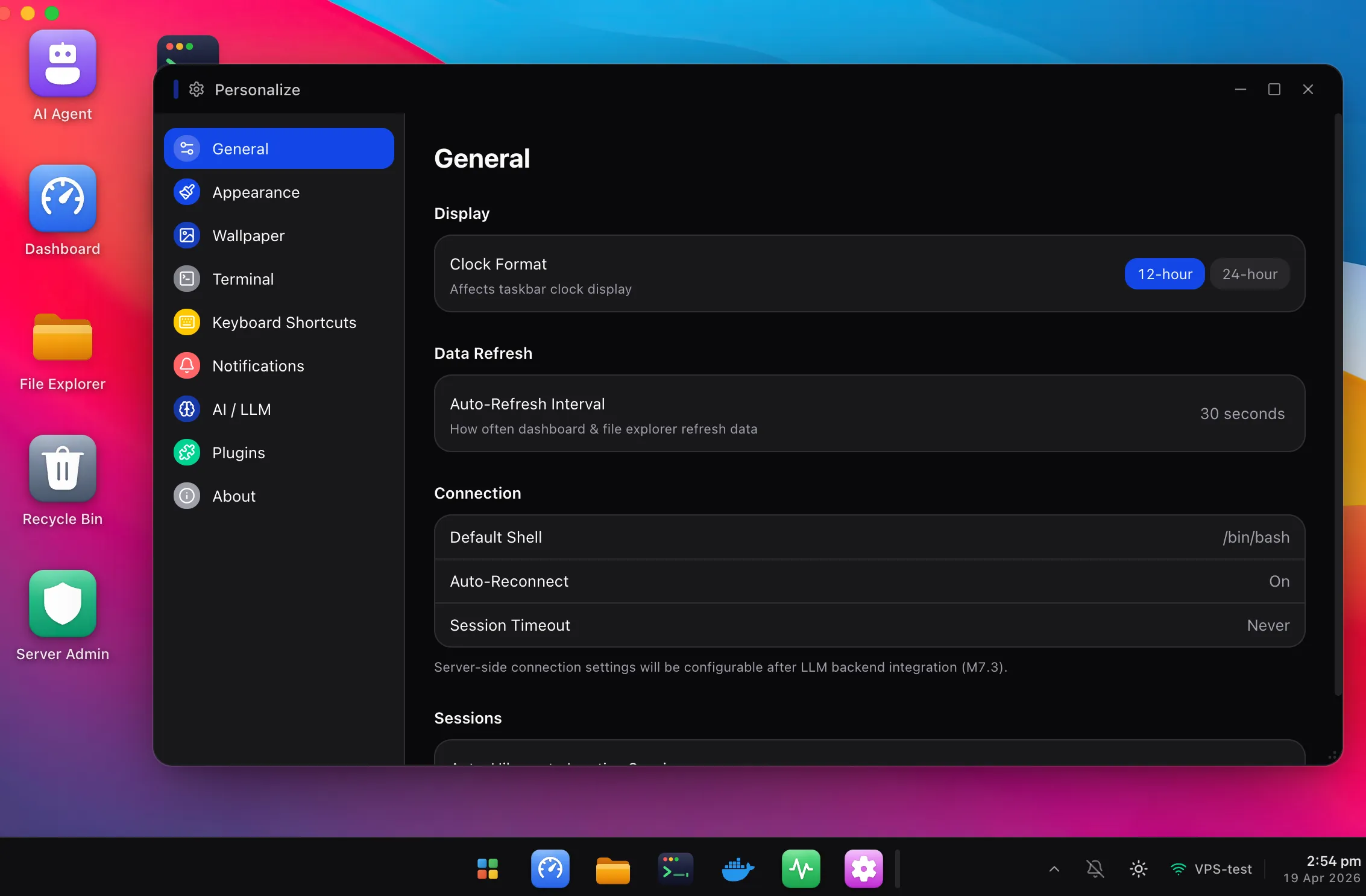 HeadlessOS Settings window showing General preferences including clock format, data refresh interval, and connection settings.