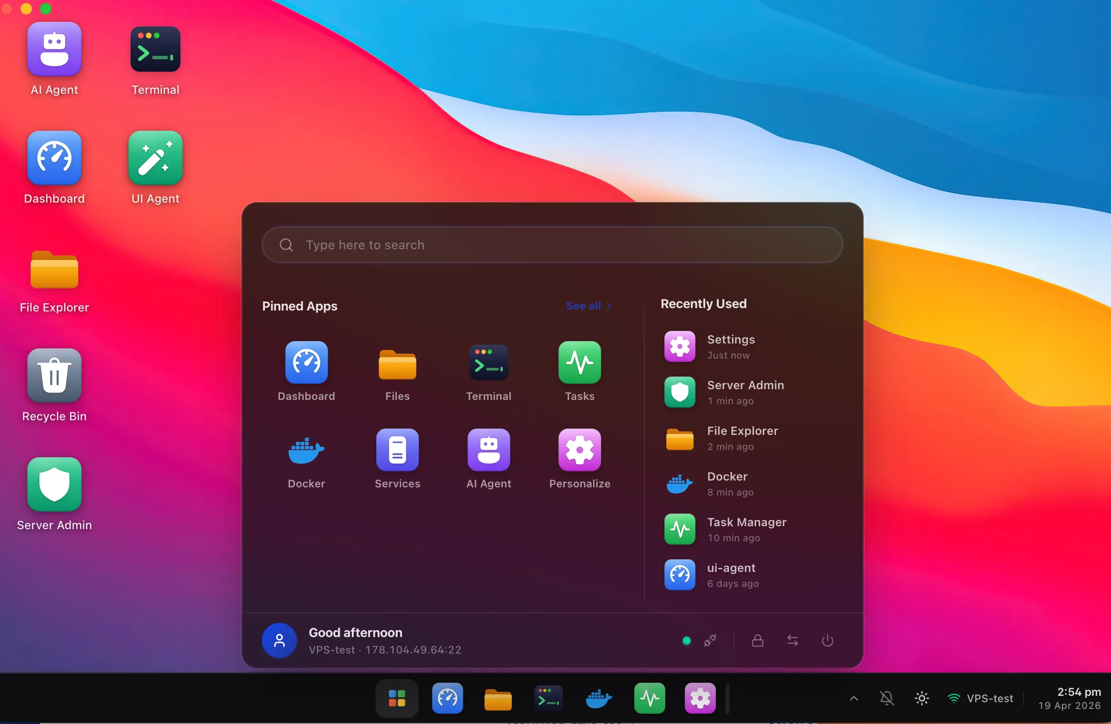 HeadlessOS Start Menu open over the gradient desktop wallpaper, showing pinned apps and a list of recently used apps.