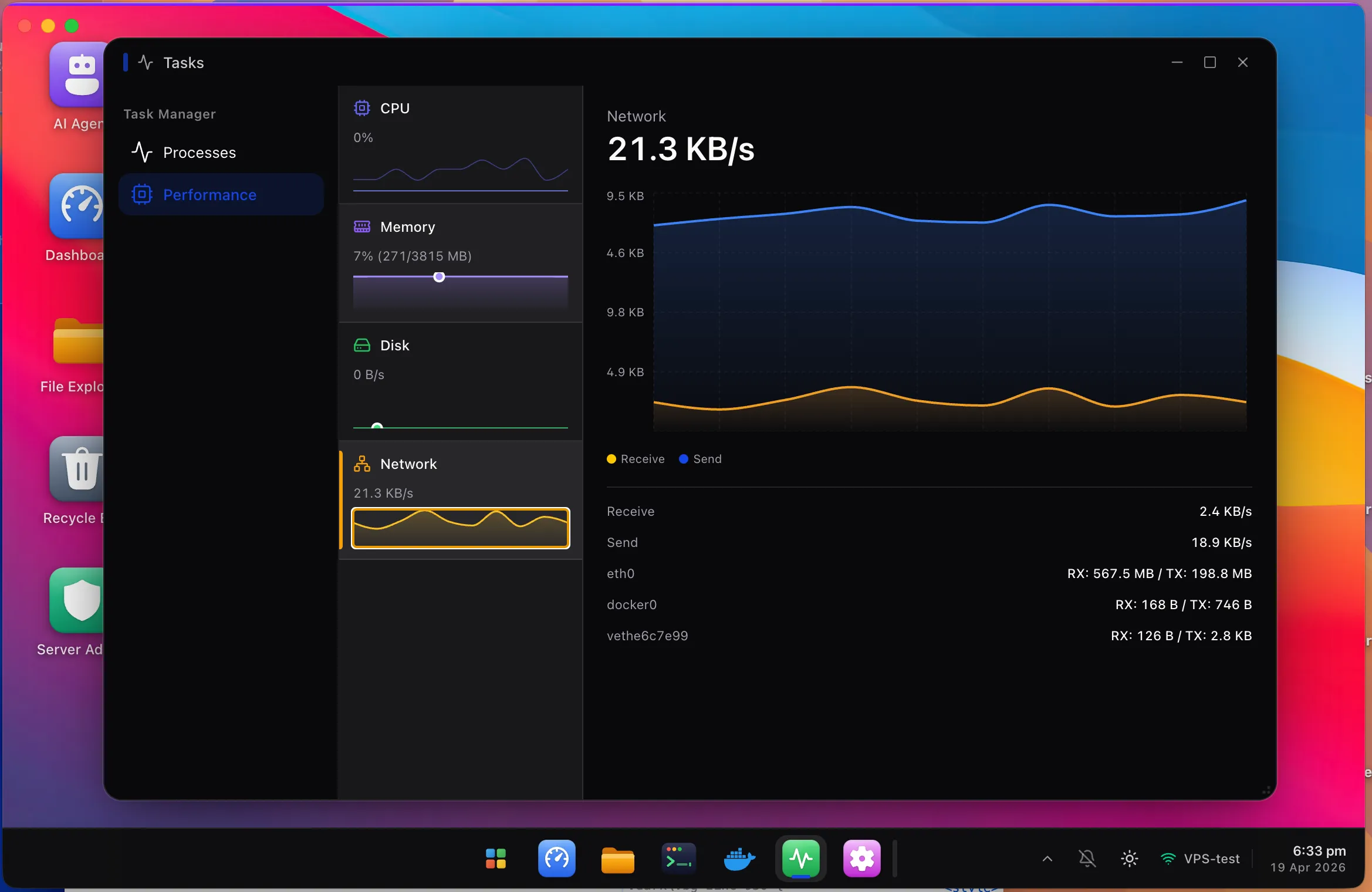 HeadlessOS Task Manager showing live CPU, memory, disk, and network performance charts with real-time system metrics.
